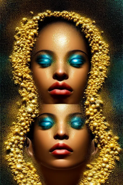 Image similar to hyperrealistic postrococo cinematic very expressive! black oshun goddess, open eyes, in water up to her shoulders, mirror dripping droplet!, gold flowers, highly detailed face, digital art masterpiece, smooth eric zener cam de leon dramatic pearlescent teal light, ground angle uhd 8 k, sharp focus