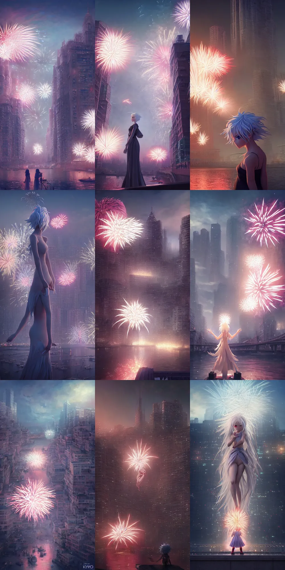 Prompt: firework festival at riverbank, white hair goddess, by kyoto animation, insanely detailed. instagram photo, kodak portra. by wlop, ilya kuvshinov, krenz cushart, greg rutkowski, pixiv. zbrush sculpt, octane, maya, houdini, vfx. huge cityscape. cinematic dramatic atmosphere, sharp focus, volumetric lighting