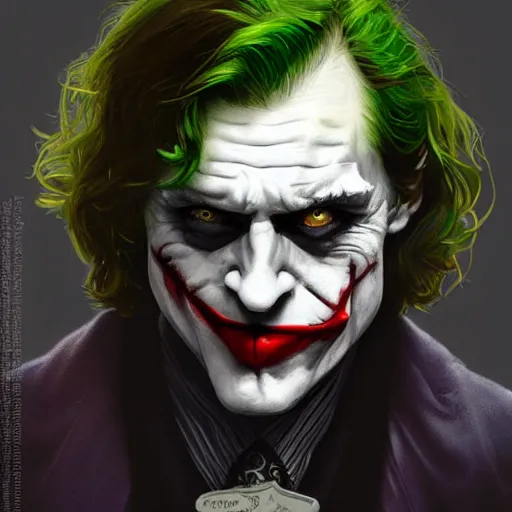 Image similar to [Rossi de Palma as the Joker, closeup, D&D, intricate, elegant, highly detailed, digital painting, artstation, concept art, matte, sharp focus, illustration, art by Artgerm and Greg Rutkowski and Alphonse Mucha]