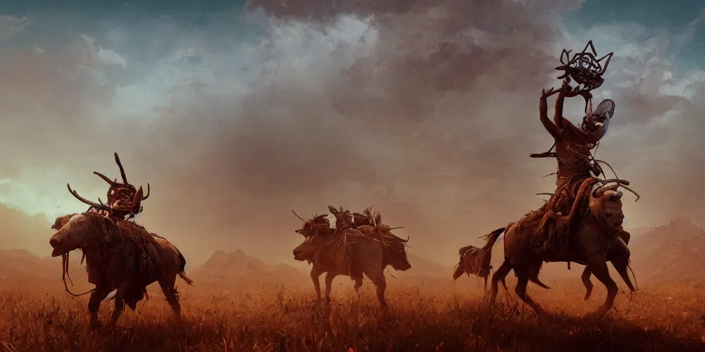 Image similar to an ancient tribesman riding an ancient motorcycles, motorized indians hunting buffalo ,attacking, chase, action scene, an epic fantasy, dramatic lighting, cinematic, establishing shot, extremely high detail, photorealistic, cinematic lighting, artstation, octane render, by simon stalenhag, horizon forbidden west,old photo, vintage