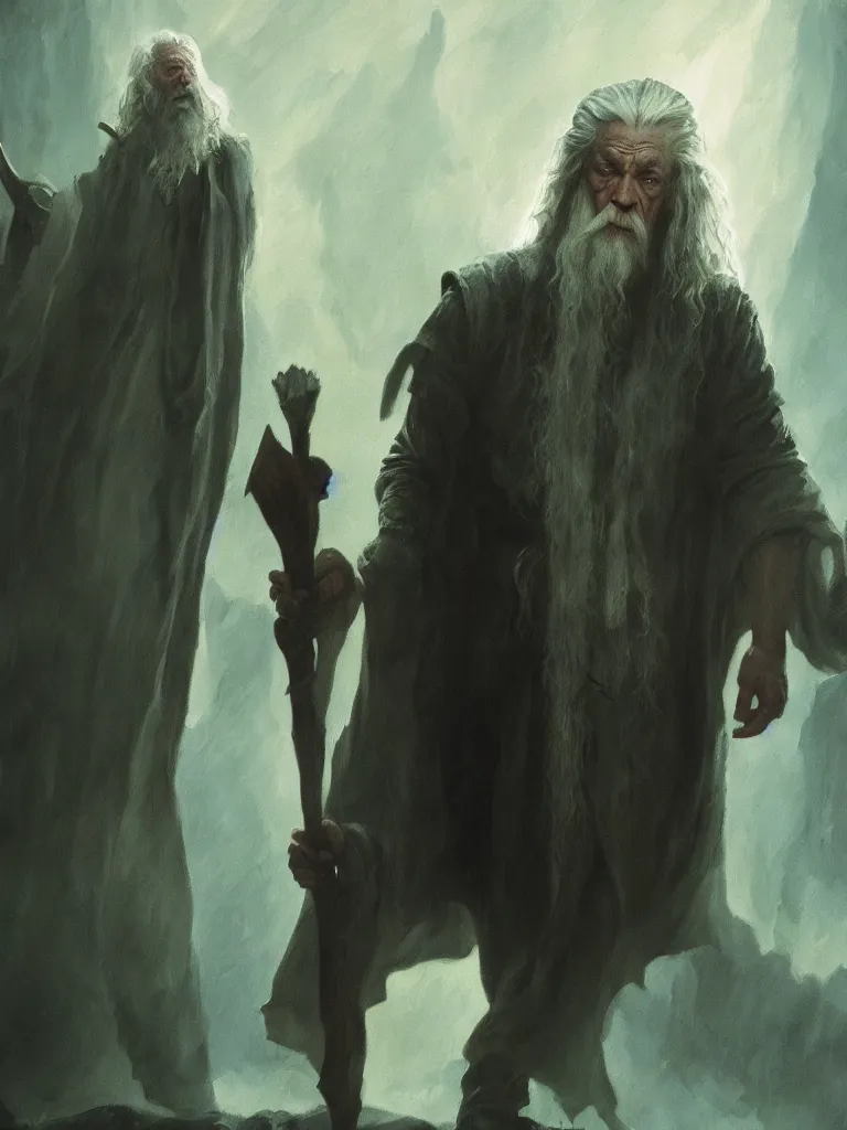 Image similar to film still of gandalf starring as the hulk, epic dark fantasy horror stylized oil painting by ivan shiskin. trending on artstation