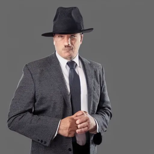 Image similar to man in suit walking towards camera with white background. wearing suit and hat. strong shadows. high contrast. serious look. carrying a pistol