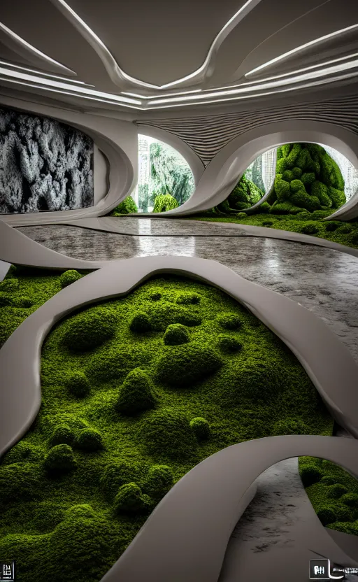 Image similar to highly detailed ultra sharp 3 d render villa interior cinematic composition of a smooth ceramic porcelain biomorphic magnolia stone nebula fluid fractal sci - fi surreal architecture landscape, granite, metallic, magnesium, marble, moss and lichen, vincent callebaut composition, mamou - mani, archviz, beautiful lighting, 8 k, unreal engine, hdr,