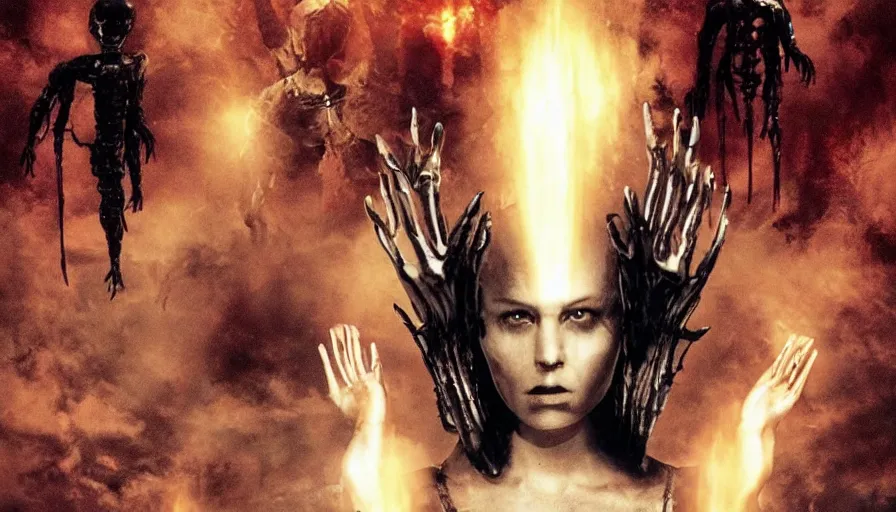 Image similar to Big budget horror movie, androids worshiping satan