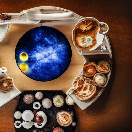 Image similar to the planetary system made our of food on a cafe table, photography, 4 k photo