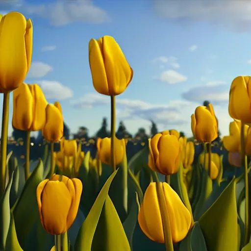 Prompt: highly detailed ray - tracing render of a yellow tulip, unreal engine, 3 d, godrays