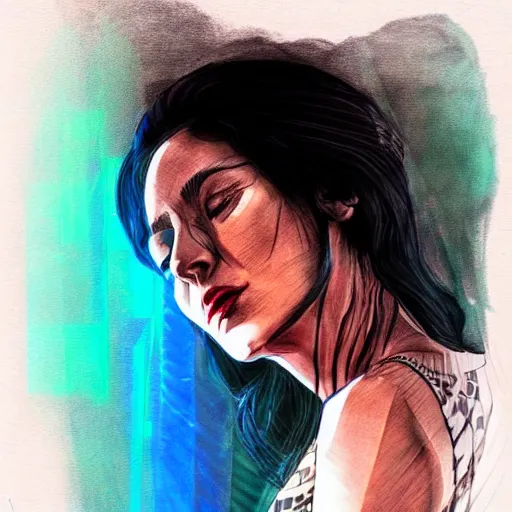 Image similar to bemused to be in jail portrait of an italian actress looking straight on, complex artistic color ink pen sketch illustration, full detail, gentle shadowing, fully immersive reflections and particle effects, concept art by artgerm