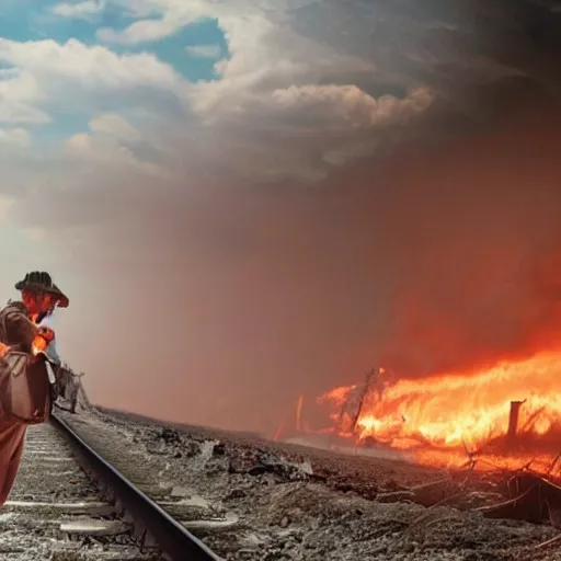 Image similar to a person at a trainwreck, devastation on the railroad, atmospheric smoke and fog, fire and flames, post-apocalyptic, Cinematic horror, high detail, 4k