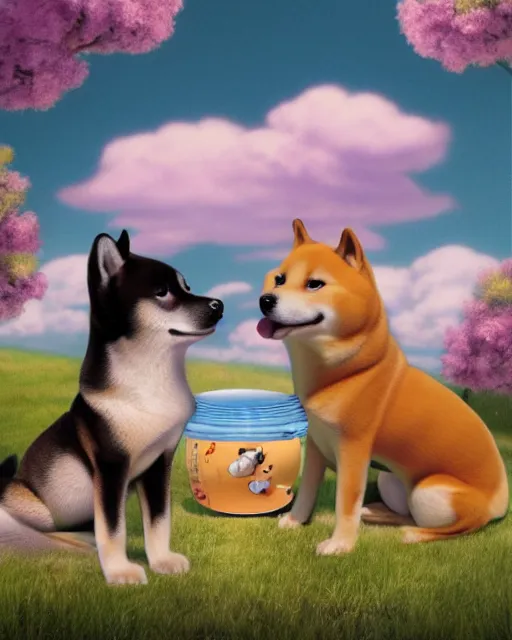 Prompt: shiba inu bites frisbee ， painting photoshop by mark ryden and pixar and hayao miyazaki, 8 k