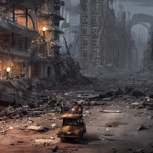 Prompt: giant dieselpunk ant in a destroyed city, 8 k, moody lighting, shallow depth of field,