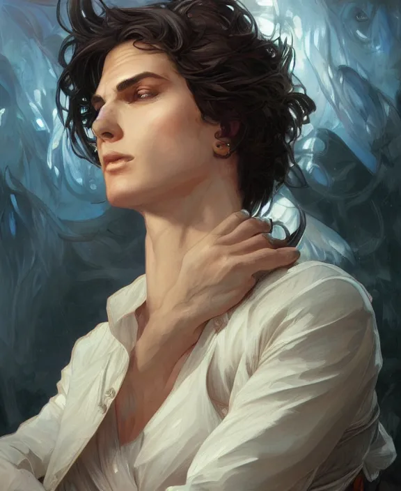 Image similar to portrait close up of guy, concentrated look, d & d, fantasy, intricate, elegant, highly detailed, digital painting, artstation, concept art, art by artgerm and greg rutkowski and alphonse mucha, boris vallejo