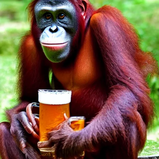 Image similar to “ sinister smiling orangutan holding a pint of beer ”
