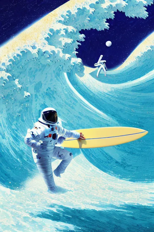 Prompt: an amazing digital painting of an astronaut in a white and royal blue luxurious space suit surfing the great wave of Kanagawa on a futuristic surfboard at Pamukkale, thermal waters flowing down multiversal gold travertine terraces by greg rutkowski, photorealistic, trending on artstation, highly detailed, unreal engine, octane render