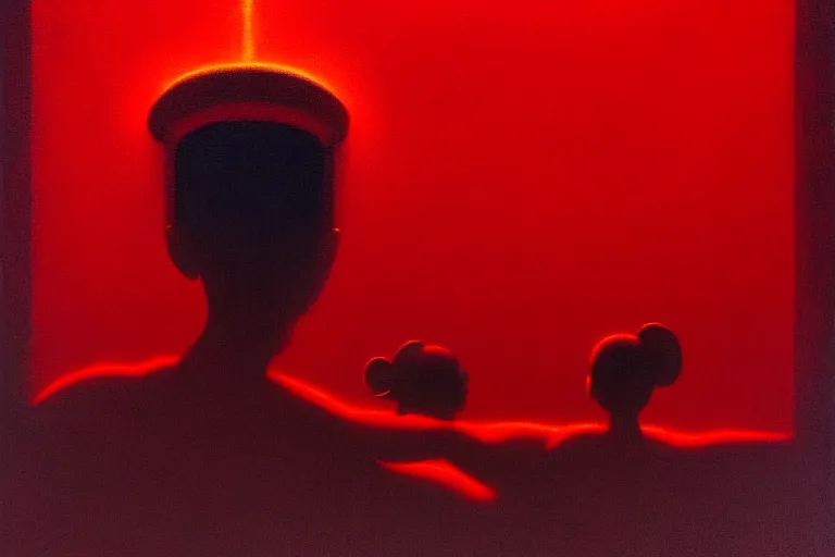 Image similar to only with red, netflix studios with workers at work, a big mickey mouse head in the middle, in the style of beksinski, parts by edward hopper, parts by rodcenko, parts by yue minjun, intricate and epic composition, red by caravaggio, insanely quality, highly detailed, masterpiece, red light, artstation, 4 k