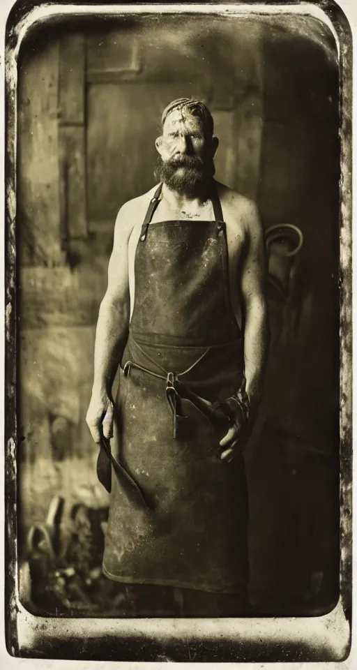 Prompt: a wet plate photograph, a portrait of a burly blacksmith in his apron