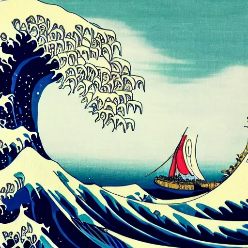 Image similar to a hokusai painting masterpiece exposed in Paris : the vogue merry ship of luffy from one piece sailing on the wave of hukusai This 4K HD image is Trending on Artstation, featured on Behance, well-rendered, extra crisp