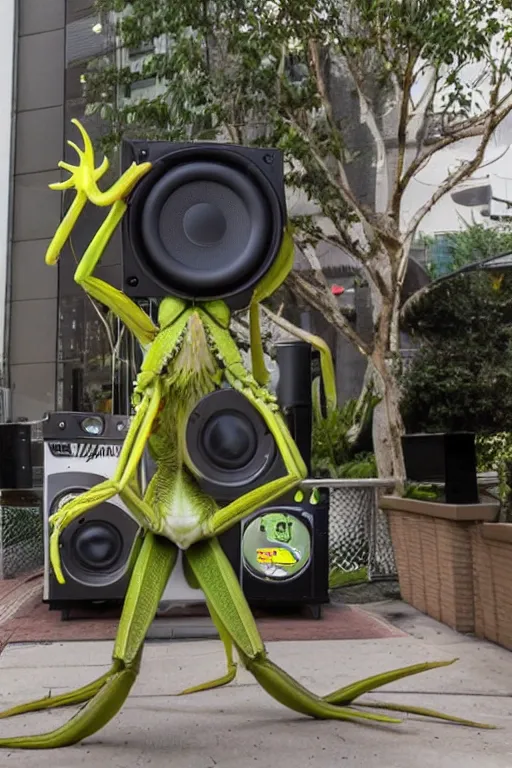 Image similar to a praying mantis kaiju DJ wearing headphones and carrying two big subwoofer speaker boxes