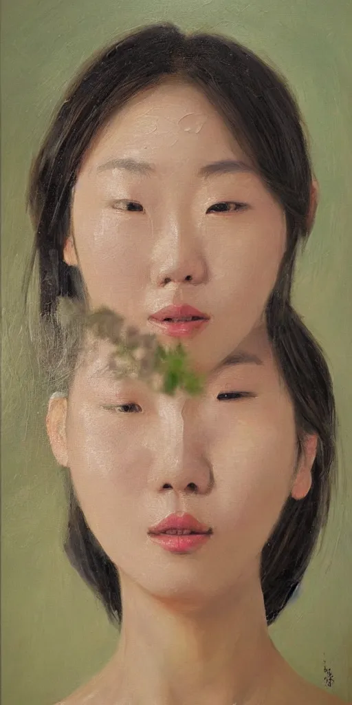 Image similar to beautiful highly detailed and expressive oil painting of a korean woman's face dissolving into petals, masterpiece, dynamic lighting,