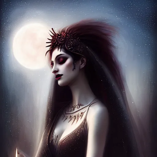 Image similar to Portrait of a riveting Arabic vampire woman!, atmospheric lighting, gothic makeup, intricate, oasis!, volumetric lighting, beautiful, starlit sky, sharp focus, ultra-detailed, by Tom Bagshaw Leesha Hannigan, Ross Tran, Thierry Doizon, Kai Carpenter, Ignacio Fernández Ríos