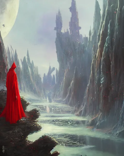 Image similar to a fantasy painting with a wizard in red robes in the foreground of a surreal environment by greg rutkowski and michael whelan