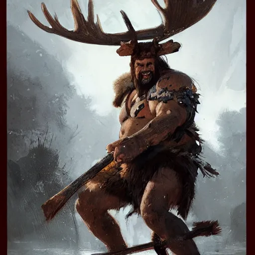 Image similar to barbarian with moose head and wooden leg by greg rutkowski