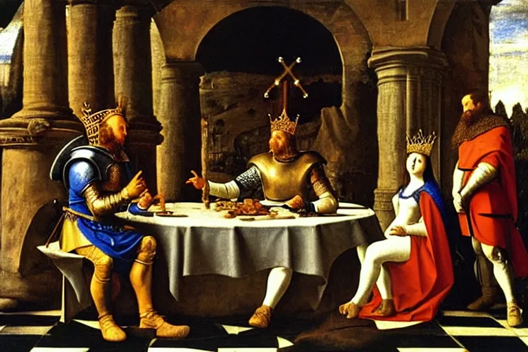 Prompt: oil painting of king arthur wearing a crown and the knight lancelot wearing armor sitting at the round table in camelot, artemisia gentileschi