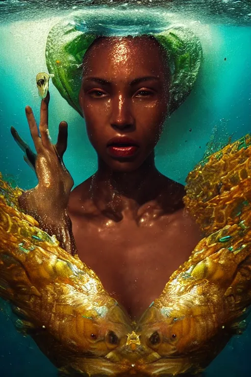 Prompt: hyperrealistic cinematic half underwater scene with fish and algae, very expressive! translucent elegant african goddess getting out of water, gold jewerly, highly detailed face, digital art masterpiece, aykut aydogdu zener, dramatic volumetric light, long shot, low angle uhd 8 k, sharp focus