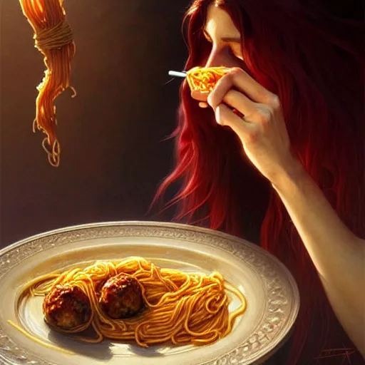 Image similar to Messi eating spaghetti with meatballs, closeup, D&D, fantasy, intricate, elegant, highly detailed, digital painting, artstation, concept art, matte, sharp focus, illustration, art by Artgerm and Greg Rutkowski and Alphonse Mucha