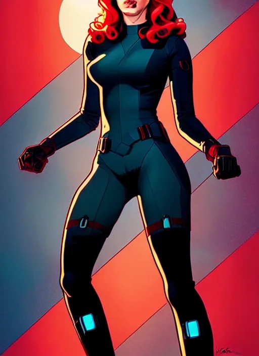 Image similar to rafeal albuquerque comic art, joshua middleton comic art, cinematics lighting, night time, pretty scarlett johansson black widow, big smirk, symmetrical face, symmetrical eyes, long red hair, full symmetrical body, flying in the air, jumping off rooftop