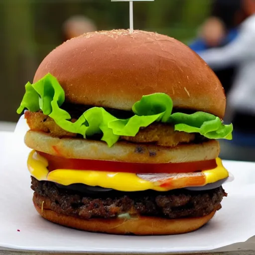 Image similar to patriot burger, a burger filled with lettuce, patty, ketchup, fried american flag, pickle, mayonnaise