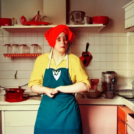 Image similar to feeling with the heart, warm, blindfold, bright colours, female in kitchen, kodachrome