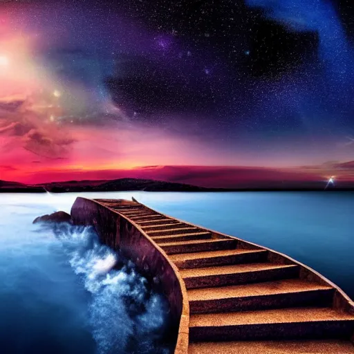 Image similar to a stairway of cosmic water flowing, fantasy, dusk, starry sky, hd, fantasy, 4 k