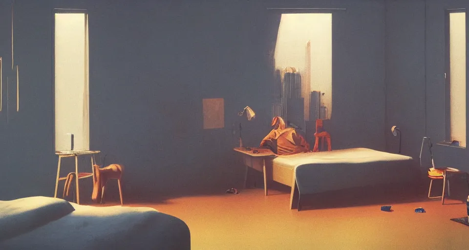 Image similar to IKEA catalogue photo, cyberpunk teenager bedroom, by Beksiński