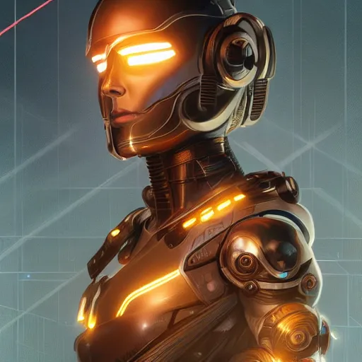 Image similar to Symmetry!! portrait of cyborg, sci-fi armour, tech wear, cables, glowing lights!! sci-fi, intricate, elegant, highly detailed, digital painting, artstation, concept art, smooth, sharp focus, illustration, art by artgerm and greg rutkowski and alphonse mucha