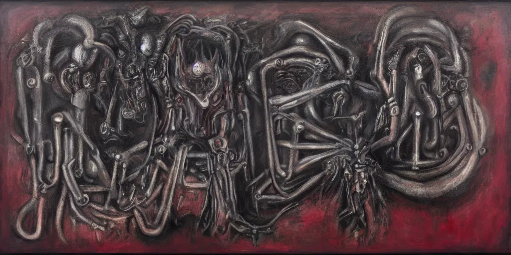 Prompt: biomechanical talisman of evil stygian rituals, god of darkness by maggi mcdonald, mark rothko, sabina klein