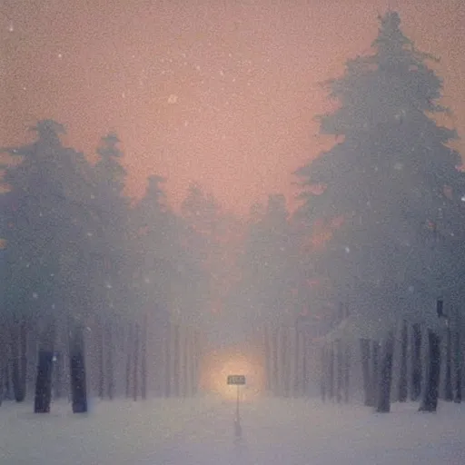 Prompt: painting by Quint Buchholz, atmospheric cozy sovietpunk 8 story tall communal housing in the middle of a severe russian forest at night, sodium lamp illumination, snow falling, night time, night sky, deep night sky, by Quint Buchholz