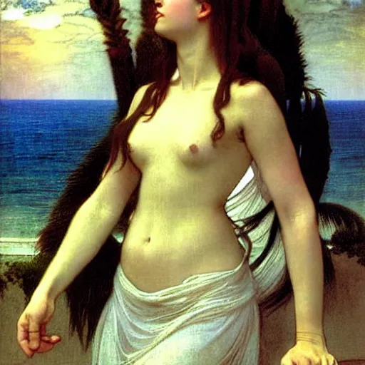 Image similar to Demonic girl at the giant column, thunderstorm, greek pool, beach and palm trees on the background major arcana sky, by paul delaroche, alphonse mucha and arnold böcklin arnold böcklin hyperrealistic 8k, very detailed