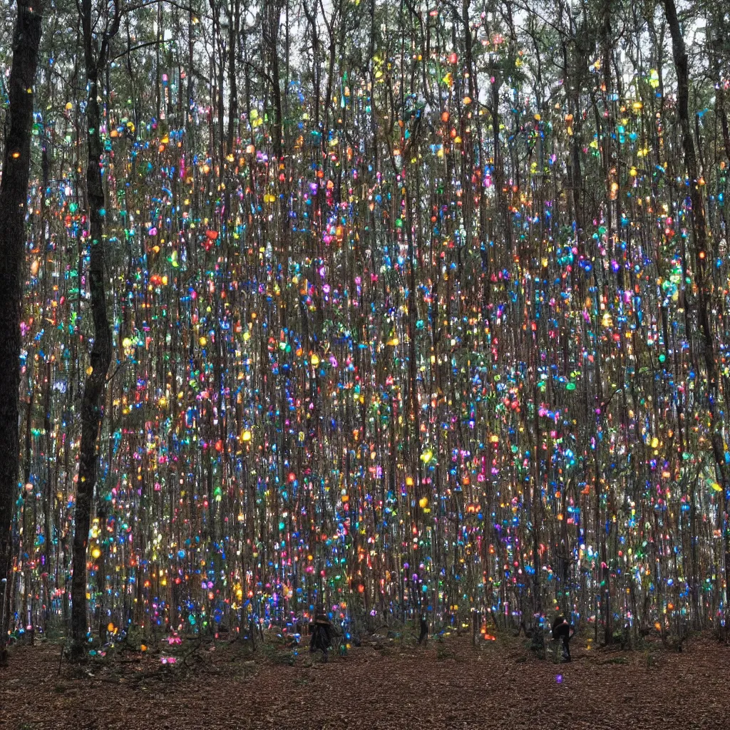 Prompt: a pyschonautistic paranormal Installation Art in front of a forest that full of glowing trees