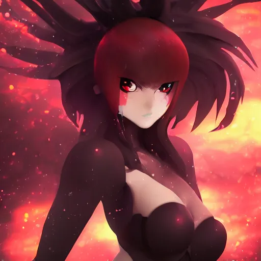 Image similar to portrait focus of a very hot!!! demon 3D anime girl, Obsidian armor wearing, dark volcano background, ash falling, {perfect face}, bokeh, inspired by Masami Kurumada, digital painting, high contrast, unreal engine render, volumetric lighting, high détail