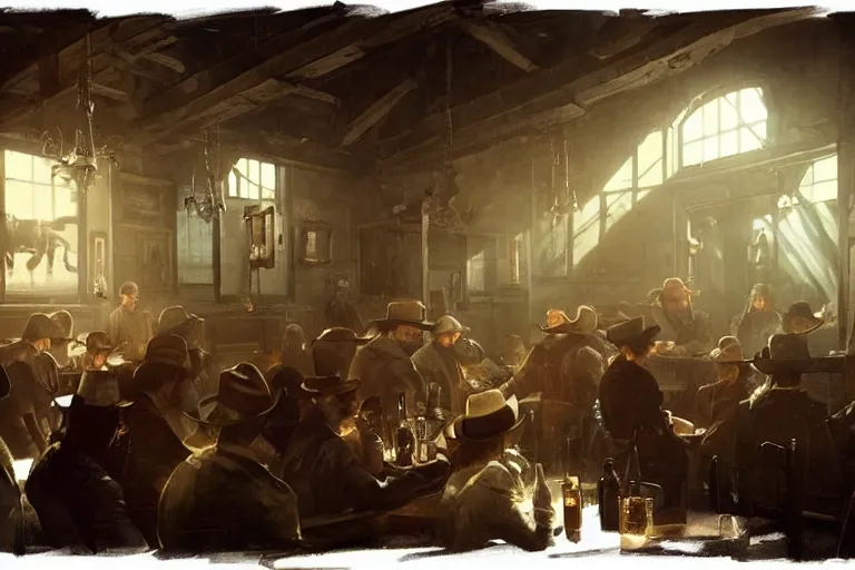 Prompt: 1800s saloon interior, dramatic lighting, cowboys drinking, concept art, greg rutkowski, artstation