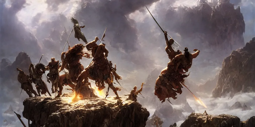 Prompt: barbarians, norse gods, fighting epic battle on rocks floating in the sky, celestial fortress in the clouds, thunder, good composition, artstation, 4 k illustration sharp focus cloceup sunlit painted by ruan jia raymond swanland lawrence alma tadema zdzislaw beksinski norman rockwell tom lovell alex malveda greg staples