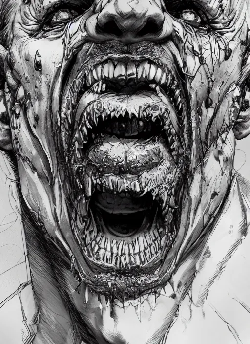 Image similar to close up portrait of an insane man, screaming, middle aged, scars, powerful, domineering, stoic, masterful, intense, ultrafine hyperdetailed illustration by kim jung gi, irakli nadar, intricate linework, sharp focus, octopath traveler, yoji shinkawa, highly rendered, detailed, concept art