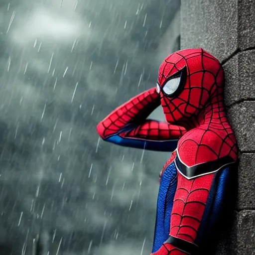 Prompt: Spiderman standing under rain , melancholy, dramatic, sad ambience