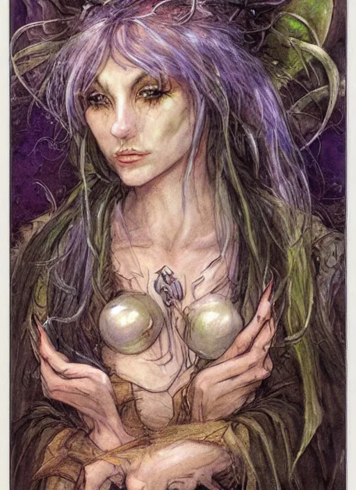 Image similar to portrait of lithe female sorceress of the fey, beautiful! coherent! dungeons and dragons character, by brian froud, strong line, night color, high contrast