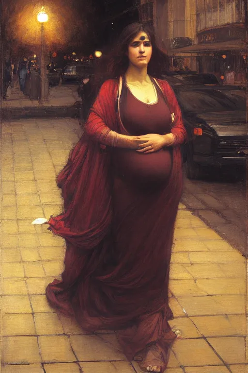 Image similar to pregnant woman under street light by john william waterhouse and Edwin Longsden Long and Theodore Ralli and Nasreddine Dinet, oil on canvas. Cinematic, hyper realism, dramatic lighting, high detail 4k