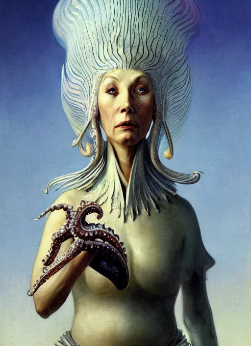 Prompt: cinematic portrait photo of the half ammonite dark crystal skeksis white haired retro woman with wet hair dressed in mother of pearl armor, biting into a juicy squid snack!!!!!!, ryden, kawase hasui, dorothea tanning, edward hopper and james gilleard, aivazovsky, beksinski, outram, artstation