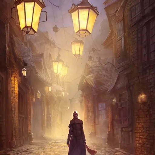 Prompt: shrouded investigator woman wearing an eyepatch standing in a cobblestone street warmly lit by lanterns, by Stanley Artgerm Lau, WLOP, Rossdraws, James Jean, Andrei Riabovitchev, Marc Simonetti