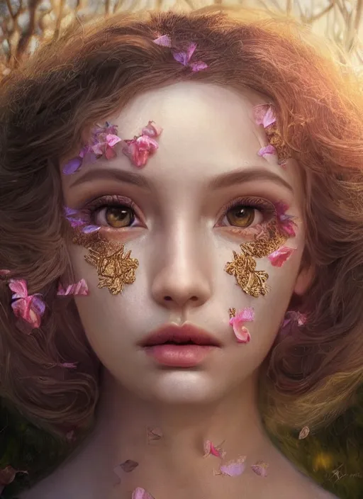 Image similar to stunningly beautiful face, prima ballerina in rose garden, symmetrical face, tutu, golden hour, smooth, focus, highly detailed, hyper realistic, ray tracing, dramatic lighting, elegant, intricate, concept art, art by wlop, mars ravelo, greg rutowski, artstation