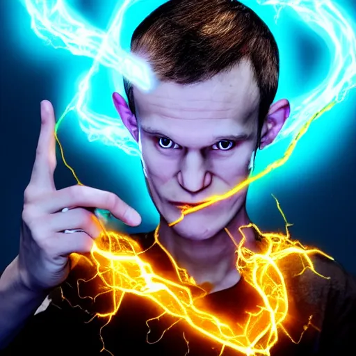 Prompt: Vitalik Buterin as an arcane wizard casting a spell , ethereum logo can be seen in the magic - Photo manipulated by DALLE