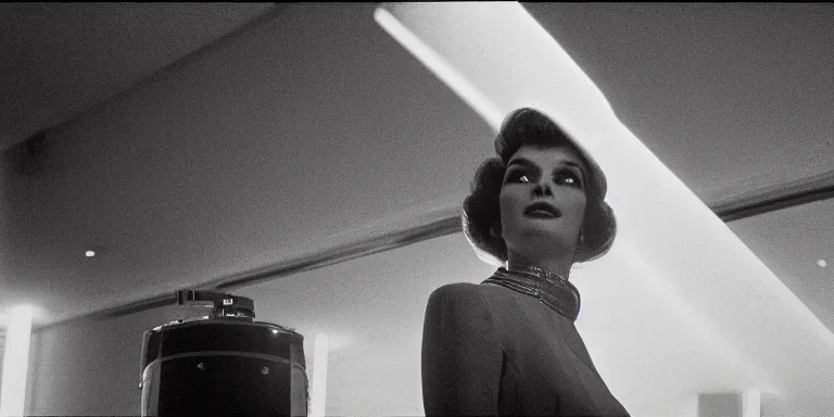 Image similar to photorealistic close up shot Cinematography of a Beautiful woman and a 60's robot in the background at night in a mid century modern apartment shot on film at magic hour with the sun shining god rays shining into a large 60's hotel lobby room filled with volumetric haze by the shining Cinematographer john alcott on a cooke panchro 18mm lens .